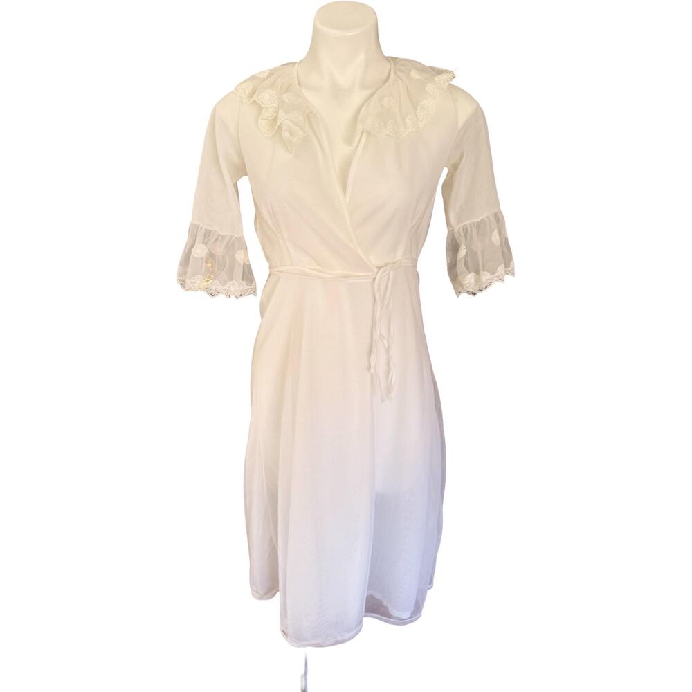 Vintage Felina 70s Ruffled Collar Double Chiffon Peignoir Robe S - Picture 7 of 12
